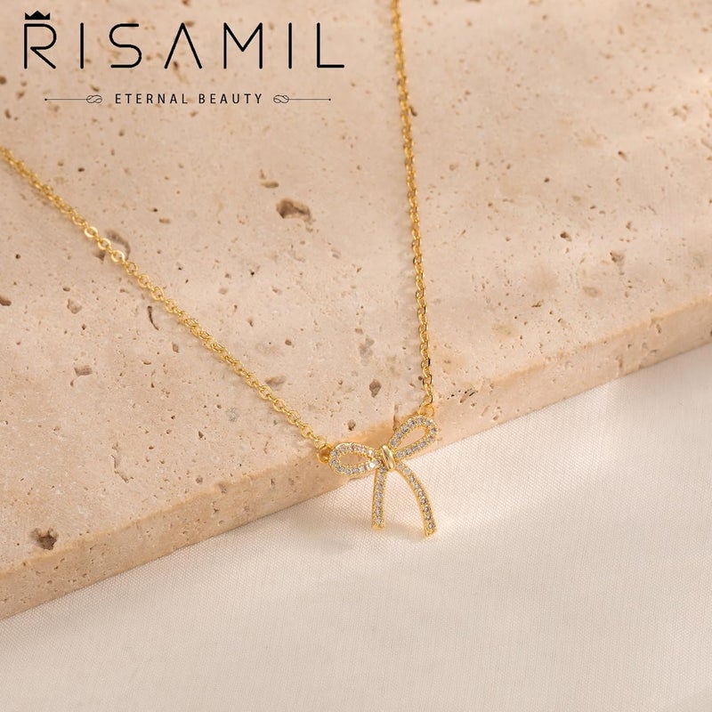 Risamil Store 14K Gold Plated Necklace for Women - Bow Necklace - Dainty Necklace Cute Small Tiny Bow Pendant Choker Chain Necklace Trendy Necklaces for Women Jewelry Gift - Image 3